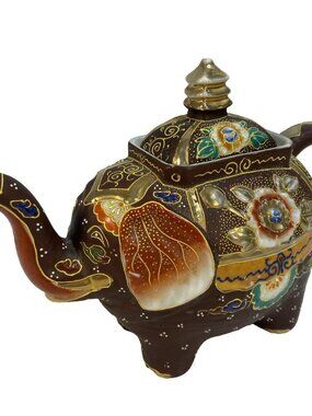 Vtg Japanese Satsuma Porcelain Elephant Teapot Hand Painted Gilded Moriage 7"